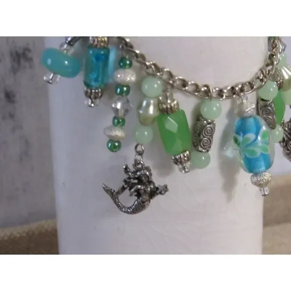 Handmade Mermaidcore Charm Bracelet - Seafoam & Teal Nautical Jewelry - Picture 4 of 10